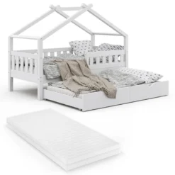Lit Cabane Design 160cm Blanc, Matelas